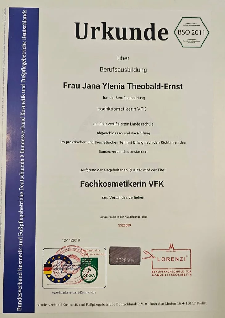 Zertifikat von Jana Theobald-Ernst – Fortbildung in dermatologischer Fachkosmetik