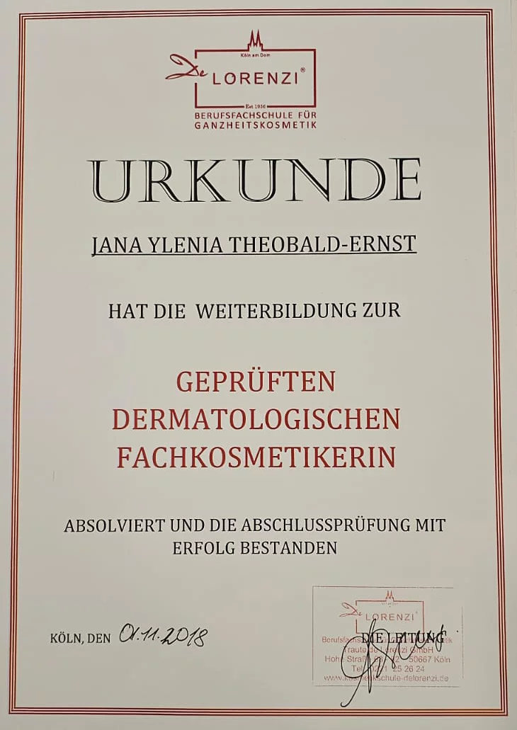Zertifikat von Jana Theobald-Ernst – Fortbildung in apparativer Kosmetik