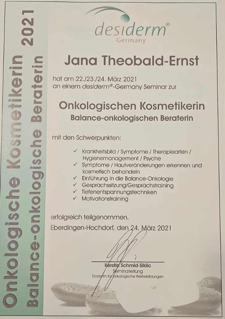Zertifikat von Jana Theobald-Ernst – Fortbildung in Kosmetikbehandlungen