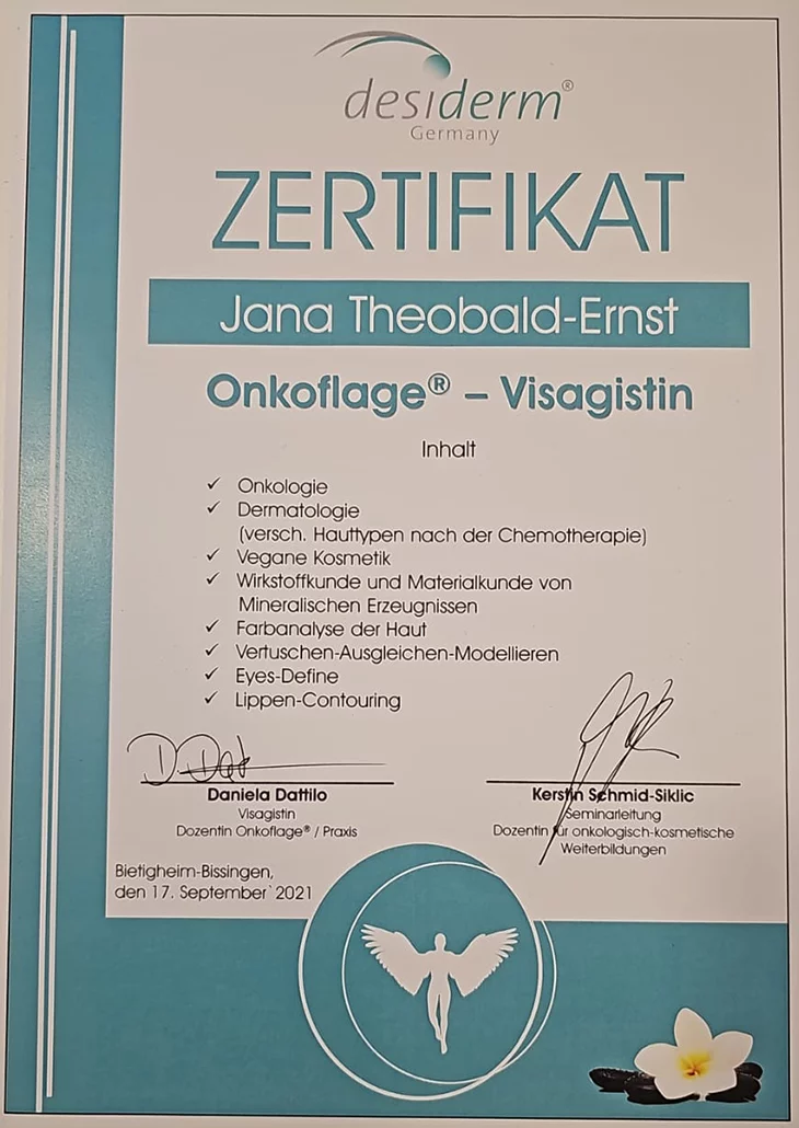 Zertifikat von Jana Theobald-Ernst – Fortbildung in Hautanalyse und Pflege